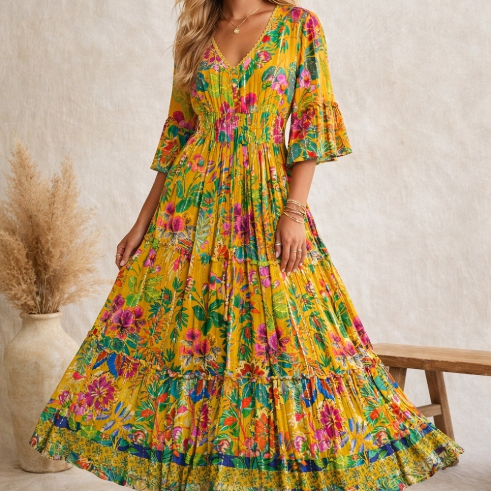 NEW Me Too Magic Floral Cotton Pink Bell Sleeve Yellow Blue Dress Small India